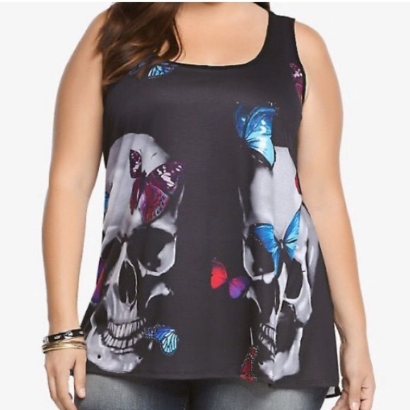 Torrid Black Tank Top with Skull and Butterfly Design Sheer Mesh Back Sleeveless - Picture 1 of 16